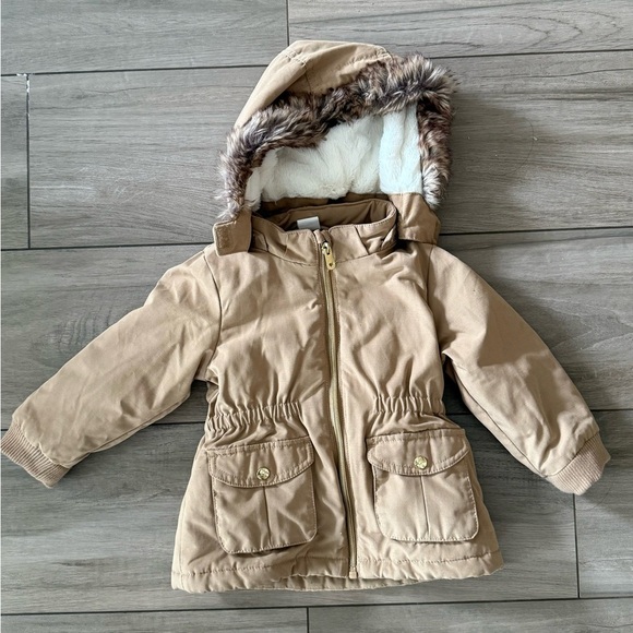 H&M Other - Girls puffer jacket Tan Hooded Jacket with Faux Fur Trim